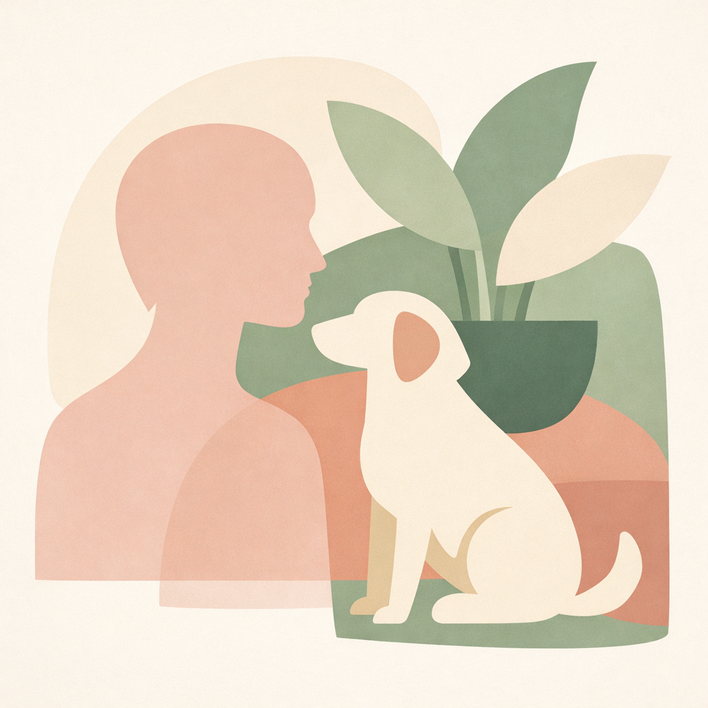 Abstract minimalist illustration of a human silhouette, a sitting dog, and a potted plant overlapping in soft pastel tones of cream, blush, and sage, representing the connection between people, pets, and design in a calm modern style.