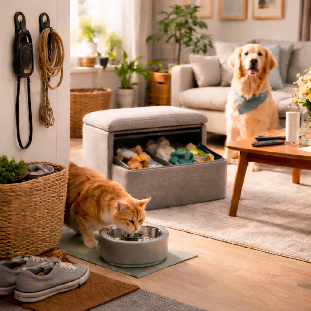 A cozy, sunlit living room with a cat drinking from a modern pet water fountain, a golden retriever sitting nearby, and neatly organized pet supplies blending into a stylish home setting.