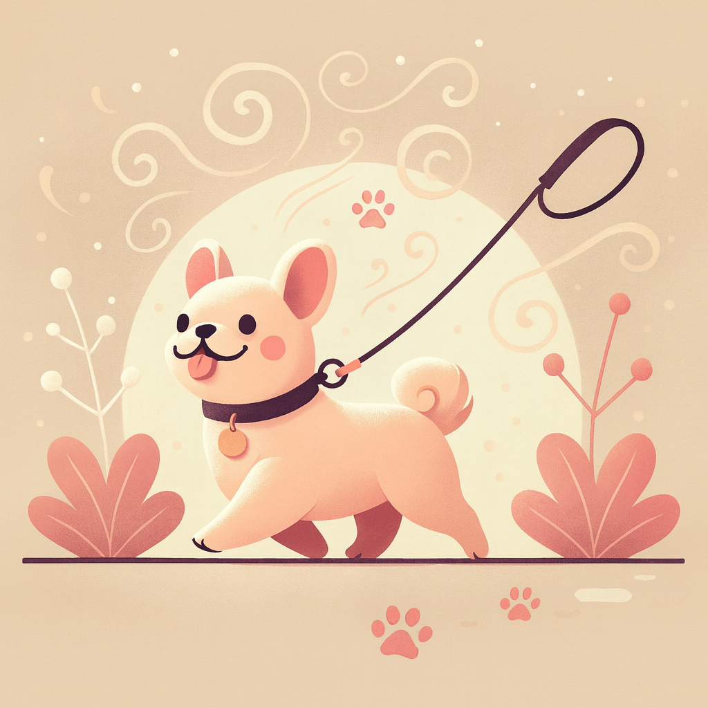Cartoon dog walking on leash with black collar and round gold name tag; pastel paw-print background. Lifestyle illustration for custom pet ID tag.