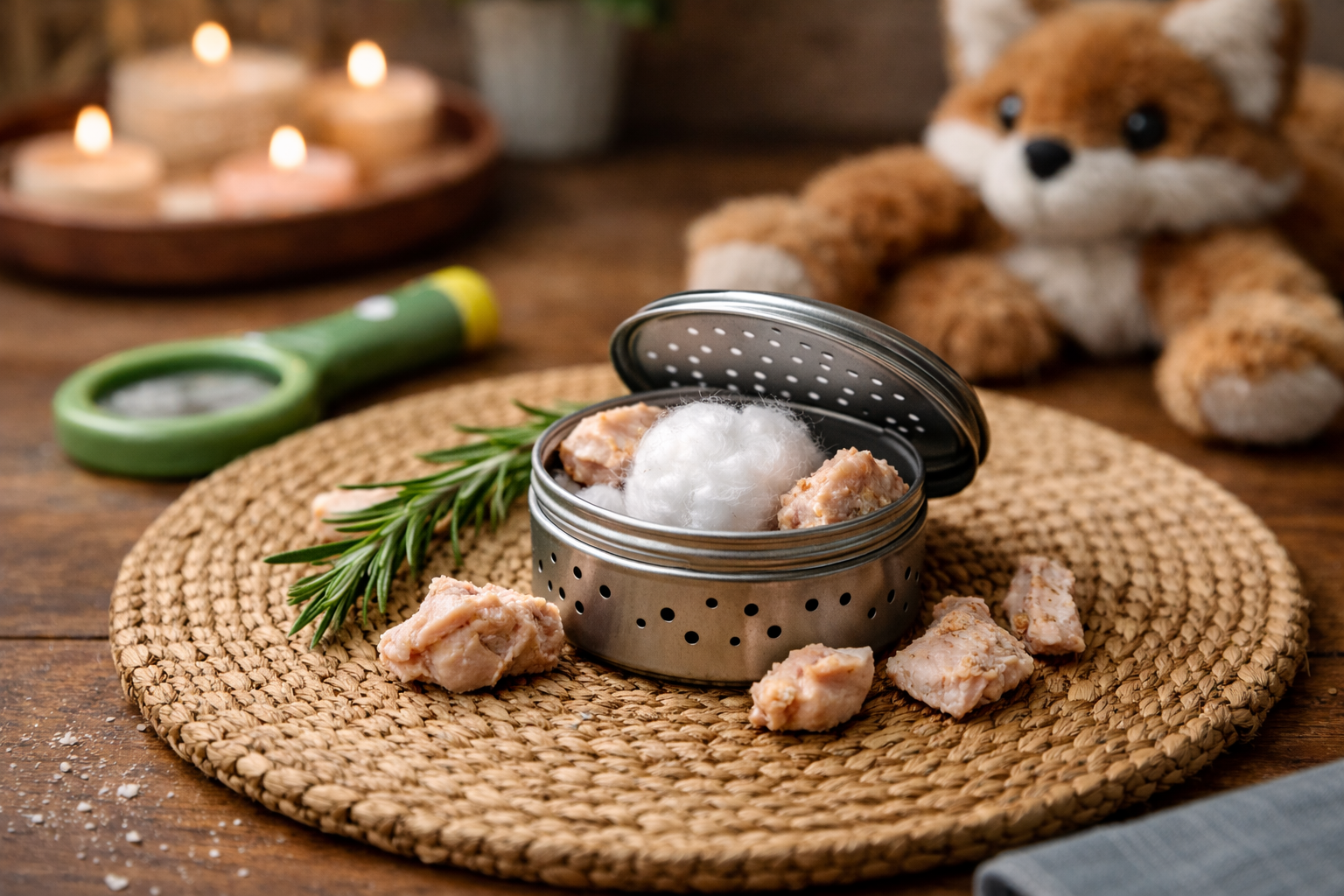Homemade dog scent station with a perforated metal tin holding a cotton ball and chicken pieces on a woven mat, styled with rosemary and dog toys for scent enrichment.